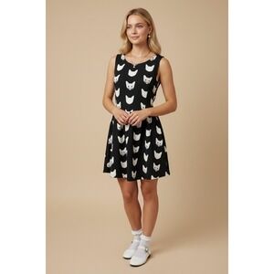 H&M Cat Print Skater Dress Size Medium Black White Sleeveless Fit & Flare